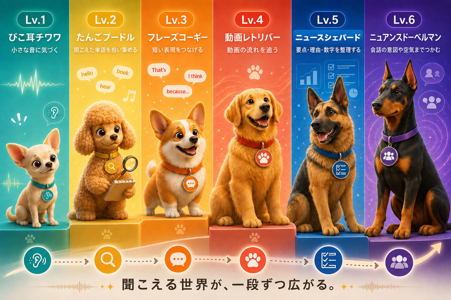 英語耳マップ診断の犬キャラクターたち